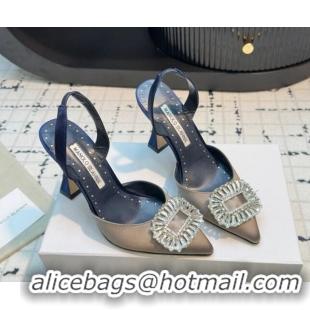 Low Price Manolo Blahnik Laali Satin Slingback Pumps 8cm with Strass Buckle Grey 1225047