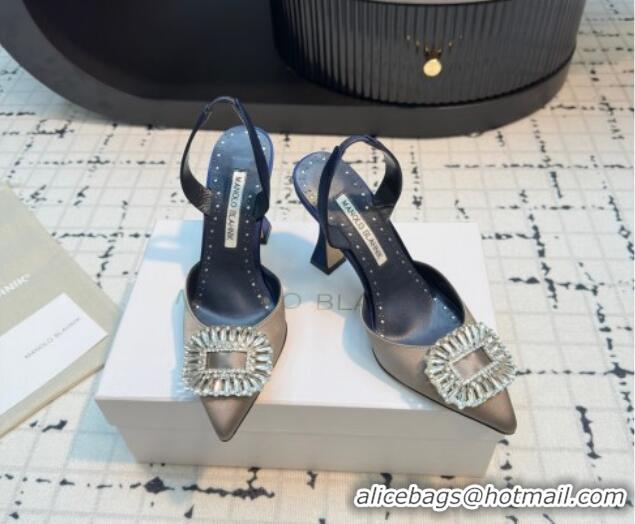 Low Price Manolo Blahnik Laali Satin Slingback Pumps 8cm with Strass Buckle Grey 1225047