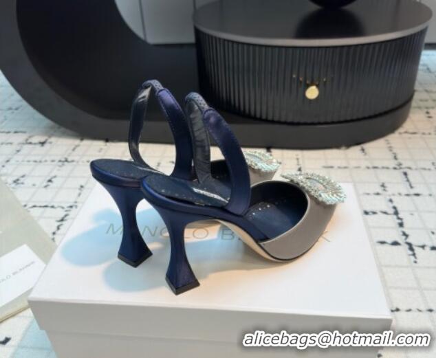 Low Price Manolo Blahnik Laali Satin Slingback Pumps 8cm with Strass Buckle Grey 1225047