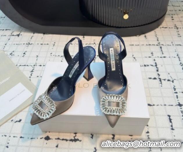 Low Price Manolo Blahnik Laali Satin Slingback Pumps 8cm with Strass Buckle Grey 1225047