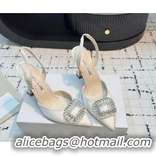 Purchase Manolo Blahnik Laali Satin Slingback Pumps 8cm with Strass Buckle White 1225048