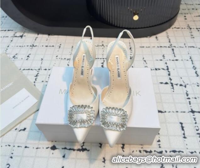 Purchase Manolo Blahnik Laali Satin Slingback Pumps 8cm with Strass Buckle White 1225048