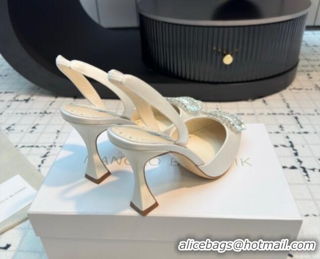 Purchase Manolo Blahnik Laali Satin Slingback Pumps 8cm with Strass Buckle White 1225048