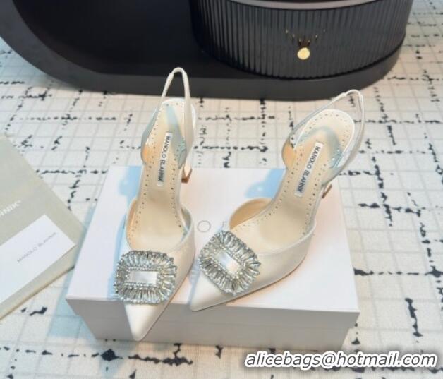 Purchase Manolo Blahnik Laali Satin Slingback Pumps 8cm with Strass Buckle White 1225048