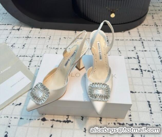 Purchase Manolo Blahnik Laali Satin Slingback Pumps 8cm with Strass Buckle White 1225048