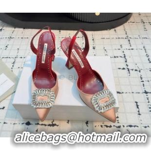 Shop Duplicate Manolo Blahnik Laali Satin Slingback Pumps 8cm with Strass Buckle Nude Pink 1225049