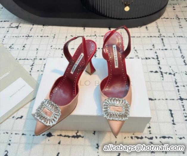 Shop Duplicate Manolo Blahnik Laali Satin Slingback Pumps 8cm with Strass Buckle Nude Pink 1225049