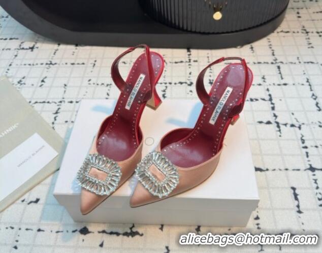 Shop Duplicate Manolo Blahnik Laali Satin Slingback Pumps 8cm with Strass Buckle Nude Pink 1225049