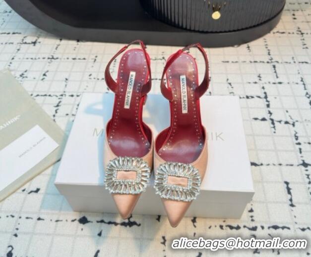 Shop Duplicate Manolo Blahnik Laali Satin Slingback Pumps 8cm with Strass Buckle Nude Pink 1225049