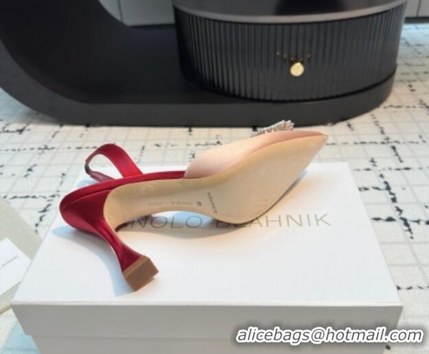 Shop Duplicate Manolo Blahnik Laali Satin Slingback Pumps 8cm with Strass Buckle Nude Pink 1225049