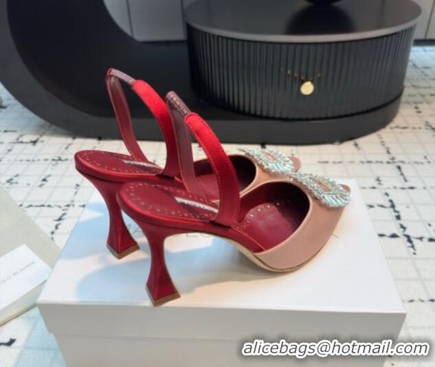 Shop Duplicate Manolo Blahnik Laali Satin Slingback Pumps 8cm with Strass Buckle Nude Pink 1225049