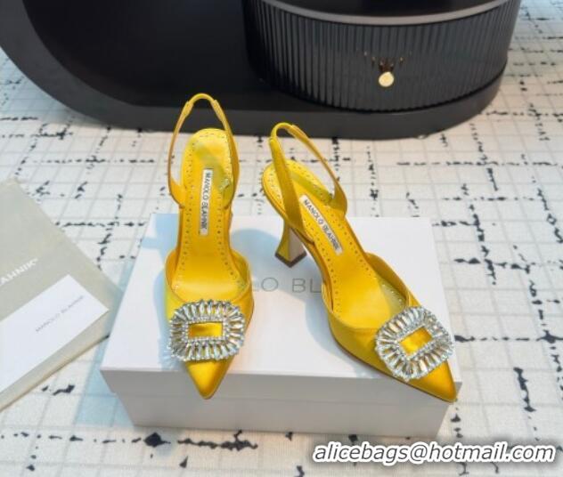 Luxury Discount Manolo Blahnik Laali Satin Slingback Pumps 8cm with Strass Buckle Yellow 1225050