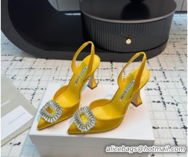 Luxury Discount Manolo Blahnik Laali Satin Slingback Pumps 8cm with Strass Buckle Yellow 1225050