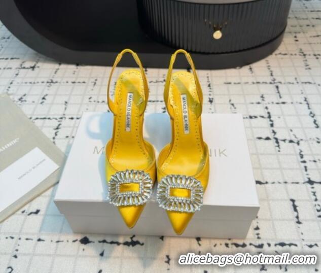 Luxury Discount Manolo Blahnik Laali Satin Slingback Pumps 8cm with Strass Buckle Yellow 1225050