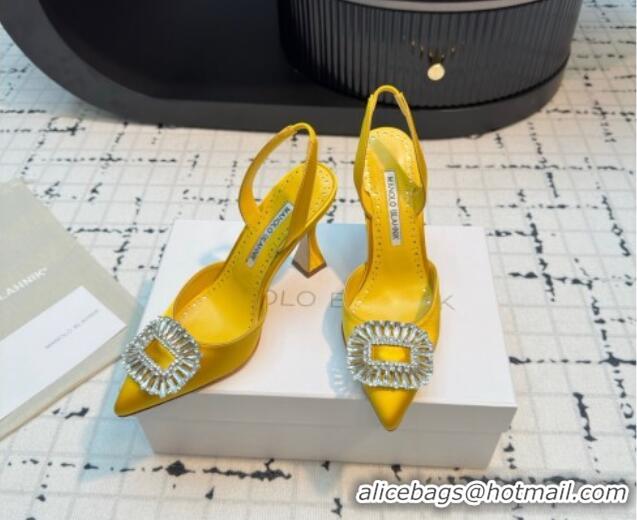 Luxury Discount Manolo Blahnik Laali Satin Slingback Pumps 8cm with Strass Buckle Yellow 1225050