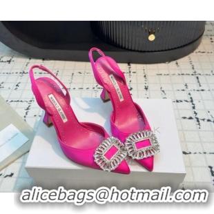 Luxury Manolo Blahnik Laali Satin Slingback Pumps 8cm with Strass Buckle Dark Pink 1225051