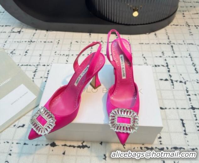 Luxury Manolo Blahnik Laali Satin Slingback Pumps 8cm with Strass Buckle Dark Pink 1225051