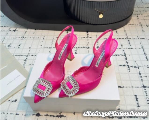 Luxury Manolo Blahnik Laali Satin Slingback Pumps 8cm with Strass Buckle Dark Pink 1225051