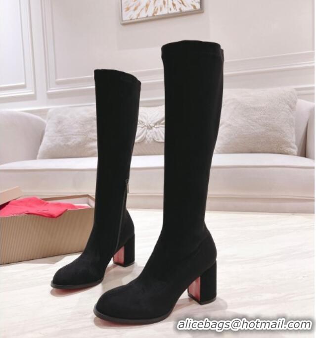 Popular Style Christian Louboutin Stretch Suede High Boots 7cm Black 1223112