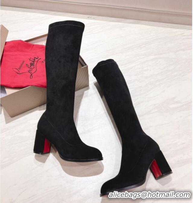 Popular Style Christian Louboutin Stretch Suede High Boots 7cm Black 1223112