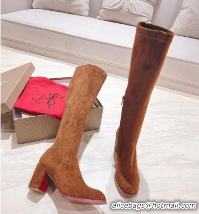 Luxury Christian Louboutin Stretch Suede High Boots 7cm Brown 1223114