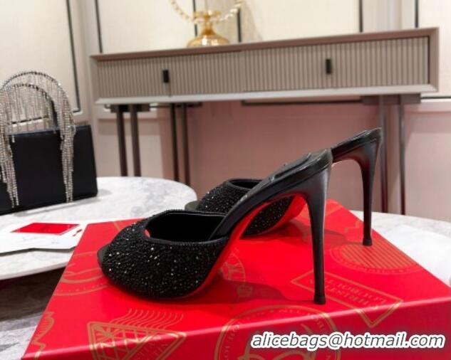 Good Quality Christian Louboutin Me Dolly High Heel Slides Sandals 10cm in Strass Black 1223128