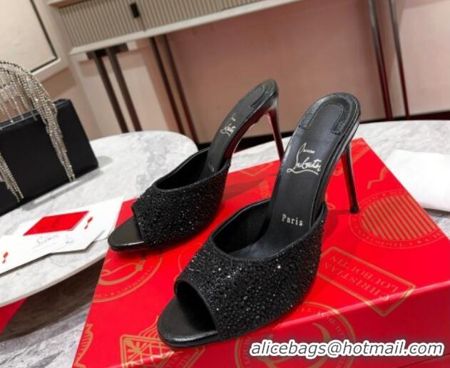 Good Quality Christian Louboutin Me Dolly High Heel Slides Sandals 10cm in Strass Black 1223128