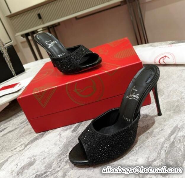 Good Quality Christian Louboutin Me Dolly High Heel Slides Sandals 10cm in Strass Black 1223128