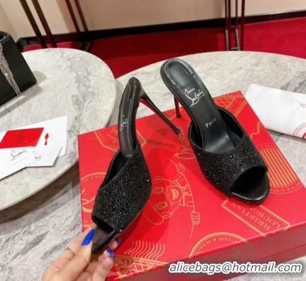 Good Quality Christian Louboutin Me Dolly High Heel Slides Sandals 10cm in Strass Black 1223128