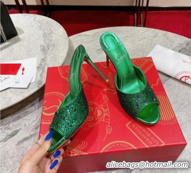 Good Product Christian Louboutin Me Dolly High Heel Slides Sandals 10cm in Strass Green 1223130