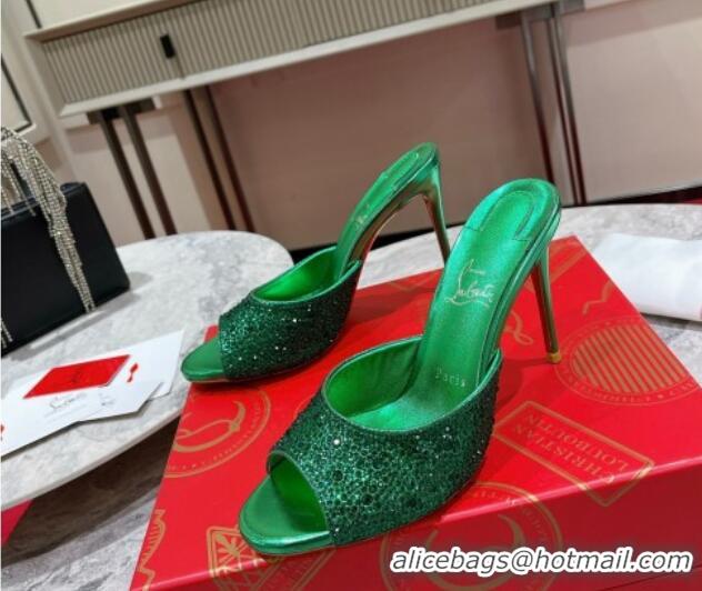 Good Product Christian Louboutin Me Dolly High Heel Slides Sandals 10cm in Strass Green 1223130