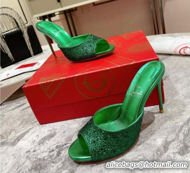 Good Product Christian Louboutin Me Dolly High Heel Slides Sandals 10cm in Strass Green 1223130