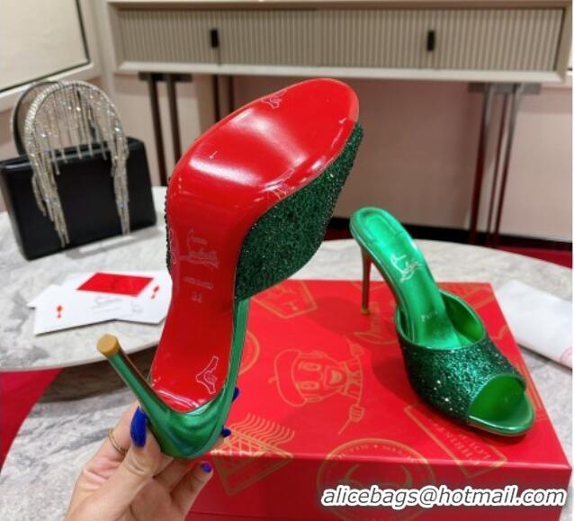 Good Product Christian Louboutin Me Dolly High Heel Slides Sandals 10cm in Strass Green 1223130