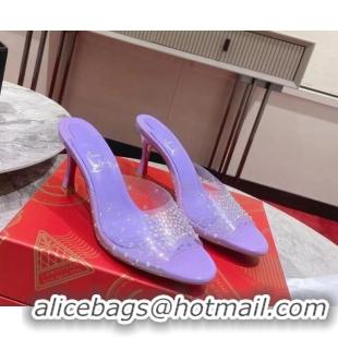 Top Design Christian Louboutin Me Dolly Heel Slides Sandal 8cm in PVC and Strass Purple 1223131