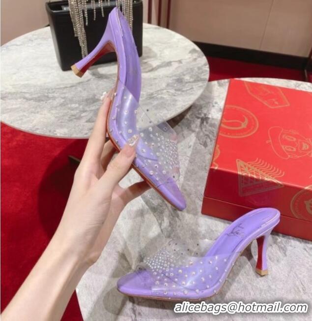 Top Design Christian Louboutin Me Dolly Heel Slides Sandal 8cm in PVC and Strass Purple 1223131