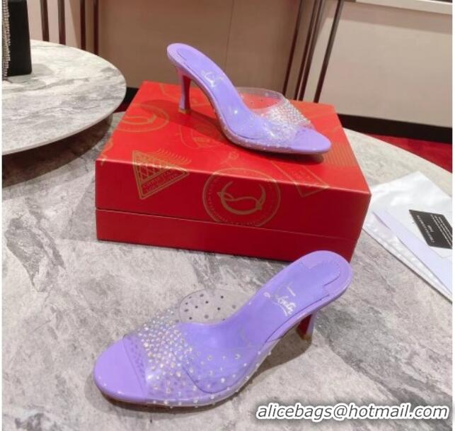 Top Design Christian Louboutin Me Dolly Heel Slides Sandal 8cm in PVC and Strass Purple 1223131