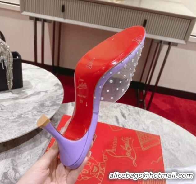 Top Design Christian Louboutin Me Dolly Heel Slides Sandal 8cm in PVC and Strass Purple 1223131