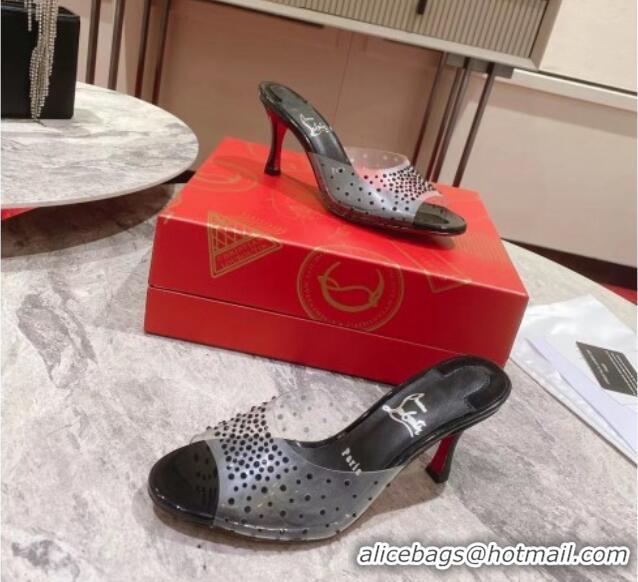 Charming Christian Louboutin Me Dolly Heel Slides Sandal 8cm in PVC and Strass Black 1223132