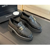 Pretty Style Chanel Calfskin Loafers 5.5cm with Metal CC Black 1120007