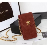 Cheapest Chanel Suede Phone Holder with Chain 1127 Dark Brown 2024