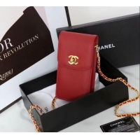 Best Price Chanel Calfskin Phone Holder with Chain 1127 Red 2024