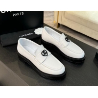 Super Quality Chanel Calfskin Leather Loafers with Black Heart White 1120016