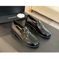 New Style Chanel Shiny Calfskin Loafers with Circle CC Black 1120019