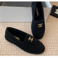 Top Grade Chanel Suede & Shearling Wool Loafers Flat Black 120023