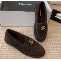 Top Quality Chanel Suede & Shearling Wool Loafers Flat Dark Brown 1120025