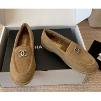 Purchase Chanel Suede & Shearling Wool Loafers Flat Camel Brown 1120026