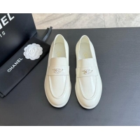 Good Looking Chanel Shiny Calfskin Loafers Flat White 120028