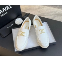 Good Product Chanel Shiny Calfskin Loafers with Camellia CC G45663 White 1120031