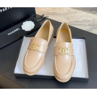 Good Taste Chanel Shiny Calfskin Loafers with Camellia CC G45663 Light Beige 1120033