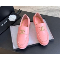 Best Price Chanel Shiny Calfskin Loafers with Camellia CC G45663 Light Pink 1120034